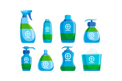 Sanitizer bottles. Hygienic products bottles disinfect products hands