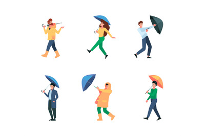 Umbrella people. Walking persons male and female with umbrella in rain