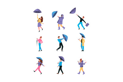 Umbrella characters. Raincoat couples walking peoples with umbrella ra