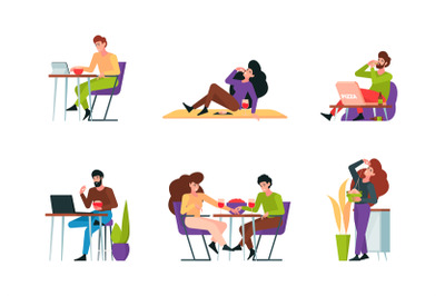 Characters eating. People sitting on table and eating delicious foods