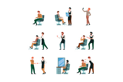 Barbershop workers. Hairdresser characters working in beauty salon bar