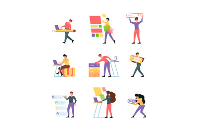 Designers interfaces. Web programmers and builders making ui holding f