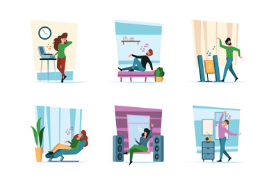 Listen music. Characters relaxing in interior lying on couch sitting o