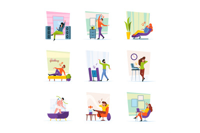 Relaxing characters. People sleeping on sofa sitting and listen music