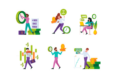 Time is money. Business concept with clocks timers currencies visualiz