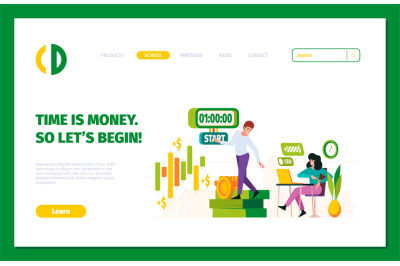 Business landing. Time is money concept pictures with businessman and