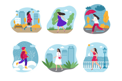 Woman seasonal graphic. Female walking with umbrella outdoor season hu