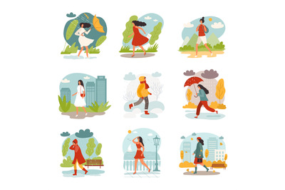 Outdoor season woman. Persons standing and walking in various weathers