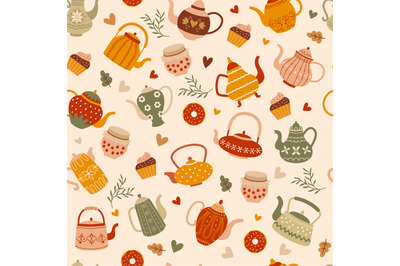 Teapots pattern. Mug cups and stylized teapots cosy recent vector seam