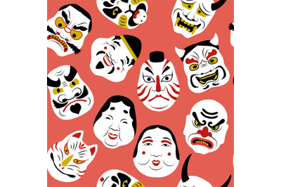 Japanese mask pattern. Authentic tattoo art colored pictures theatrica