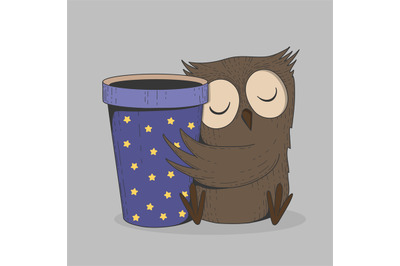 Cute owl with coffee cup. Sleeping bird, cartoon hand drawn wild anima