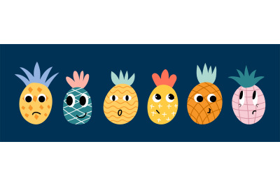 Doodle pineapple. Cute pineapples faces, emotional fruits avatars. Col