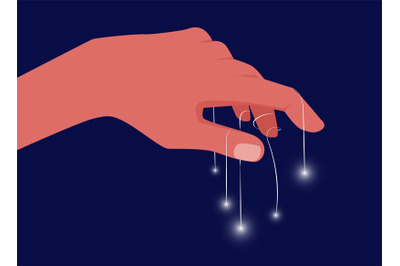 Hand holding stars on fingers. Shine lights on strings, mystical or ma