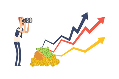 Happy investment. Financial growth, success money chart. Man look thro