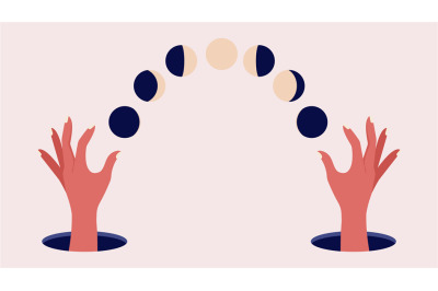 Magical hands holding moon phases. Abstract mystical vector concept