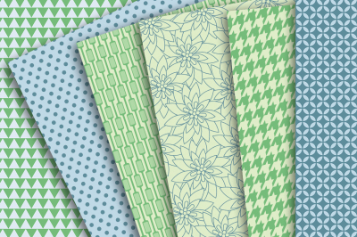 Digital Papers: Blue and Green Patterns of houndstooth, flowers, polka dots, triangles