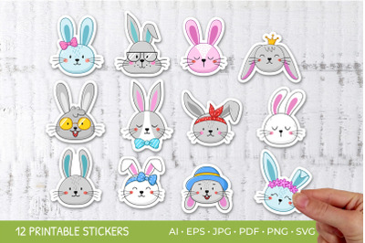 Cute Rabbit Faces Stickers, Printable Sticker Bundle