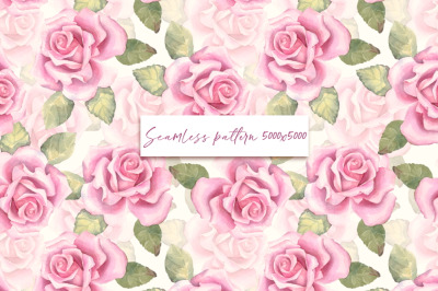 Roses. Pink seamless pattern with watercolor flowers