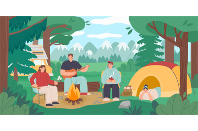 Camping people landscape. Tourist persons sitting around bonfire on na