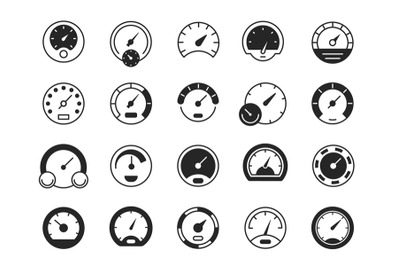 Speedometer black icons. Speed dashboard gauge symbol, flat device upl