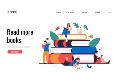 Persons with books landing. Web site template with cartoon young chara