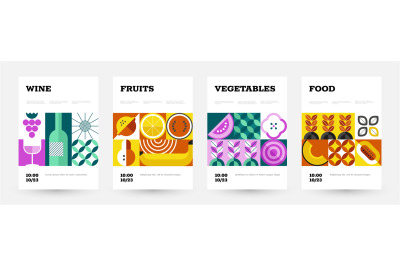 Geometric food poster. Abstract placard with minimalistic fruits and v