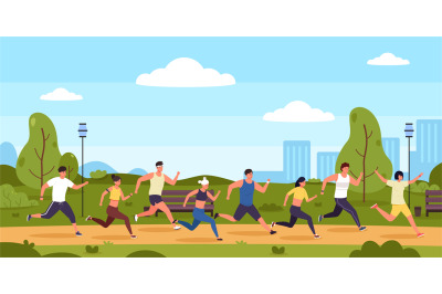 Marathon runners. Cartoon people running race in park, persons on spor