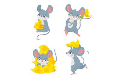 Cartoon mouse with cheese, cute hamster collection