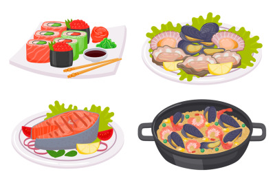 Cartoon seafood dishes collection, salmon and mollusk