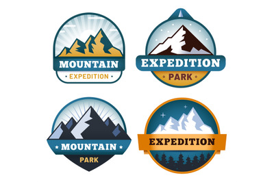 Mountain labels collection, expedition park and exploration