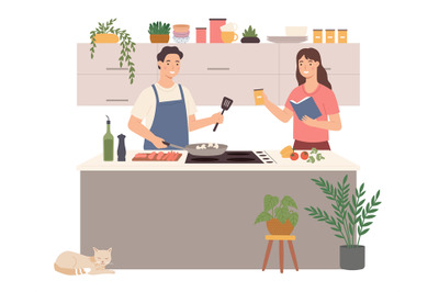 People cooking at home, happy couple at kitchen