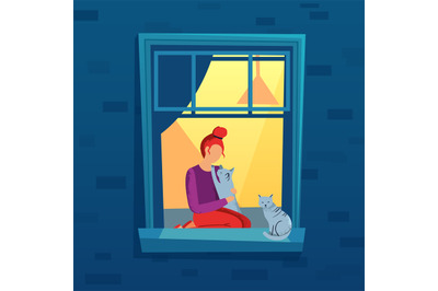 Woman sitting on windowsill at home with cat