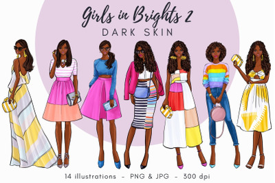 Girls in Brights 2 - dark skin Watercolor Fashion Clipart