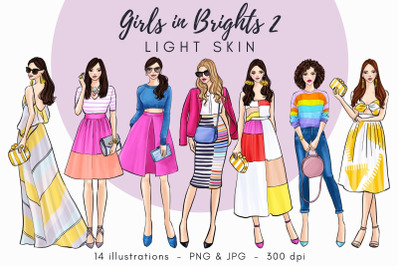Girls in Brights 2 - light skin Watercolor Fashion Clipart