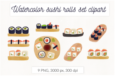 Watercolor sushi roll set, japanese food clipart sublimation