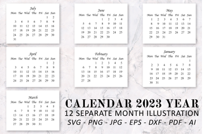 Calendar 2023 year svg, png files and other. 12 month