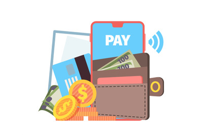 Online wallet concept. Phone contactless pay, purse with cash money on