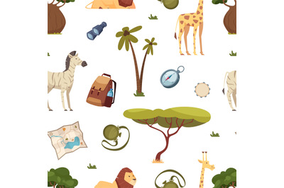 Safari pattern. Africa travel, leo giraffe and zebra. Tree and tourism