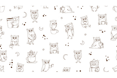 Sketch dreaming owls pattern. Owl with coffee, sleeping tired wild bir