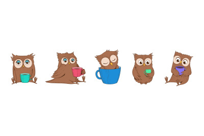 Sleeping owls hold coffee cups. Owl dreaming, sketch tired wild birds