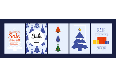 Winter sale banners. Christmas tree cards&2C; xmas party discount vector