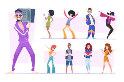 80s characters. Stylish disco people in casual clothes fashioned jacke