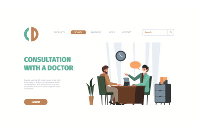 Medical landing. Web pages template for doctor talking people medical