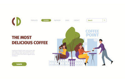 Coffee landing page. Breakfast rest time with hot morning drinks garis