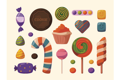 Cartoon sweets. Cookies lollipop and colored glass sugar chocolate can