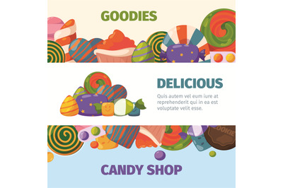 Sweets banners. Candies with chocolate and sugar biscuits and lolipop