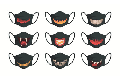 Cartoon scary faces. Halloween protection masked pumpkin teeth garish