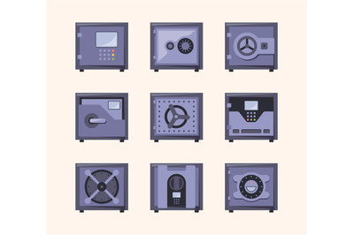 Safe deposit icons. Secure bank systems for safe treasures and money g