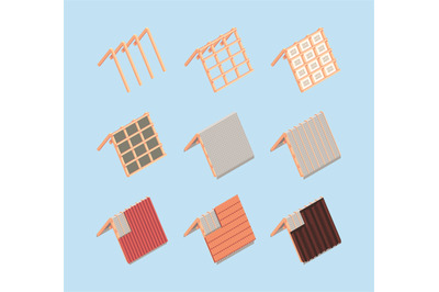 Roofing. Isometric building stages construction material flexible tile