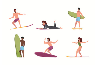 Surfers. Adult active lifestyle surfing boards extreme actions on sea